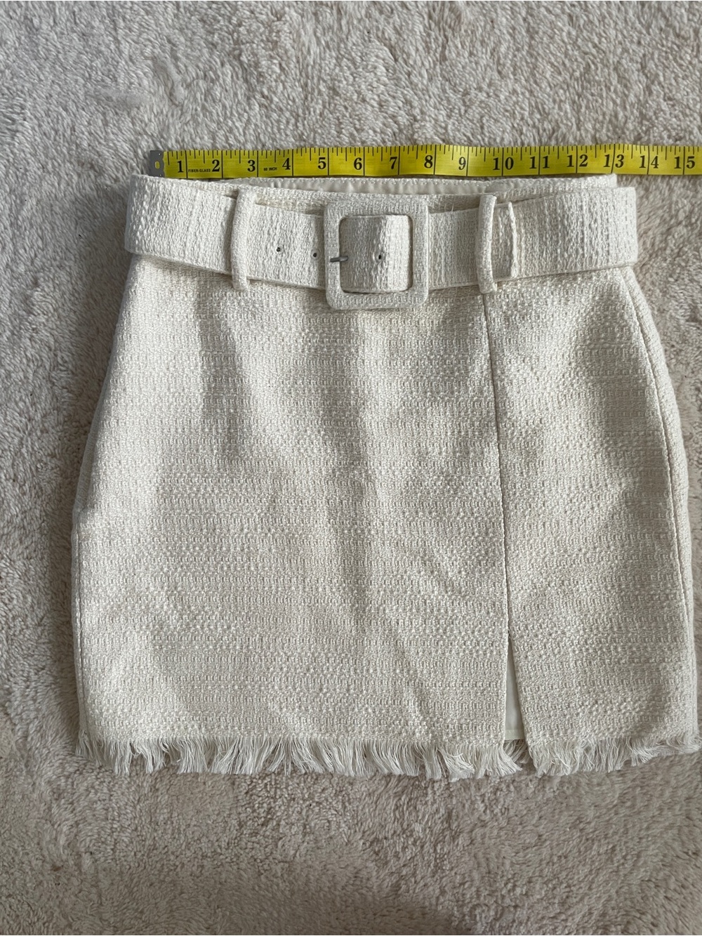Babaton Aritzia Tweed Textured Fringe Hem Mini Skirt with Belt white